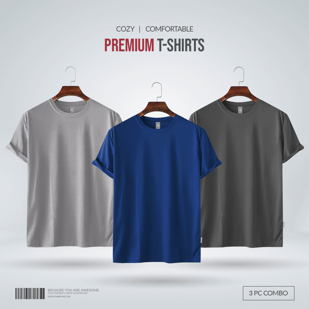 Men's Premium Blank 100% Cotton T-shirt -Combo-Silver, Royal Blue, Charcoal